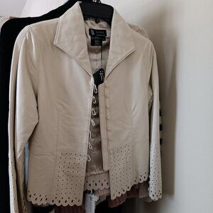 NWT Women's Leather Jacket Laser Cut Design in Neutral Bone